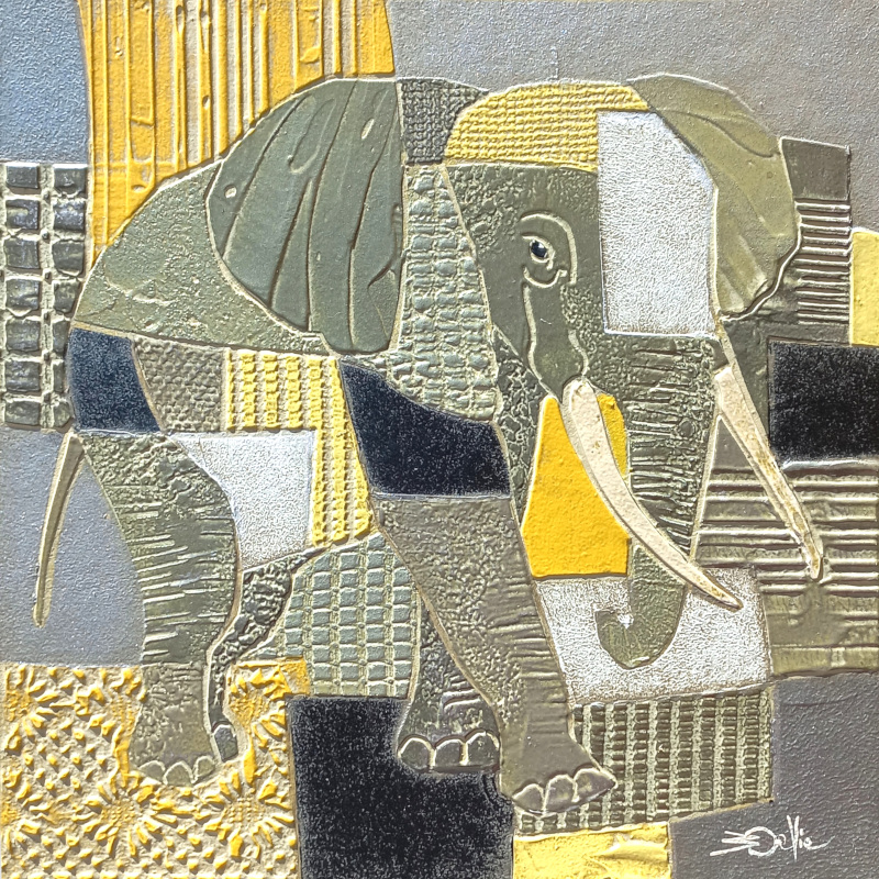  24x24cm ELEPHANT. Argent et jaune
